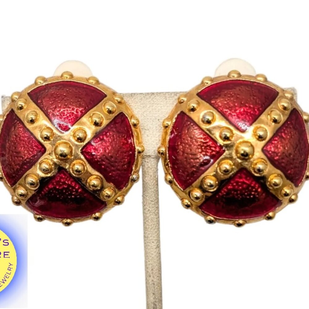 Vintage 1980s Signed Escada Round Domed Red Enamel Clip Earrings